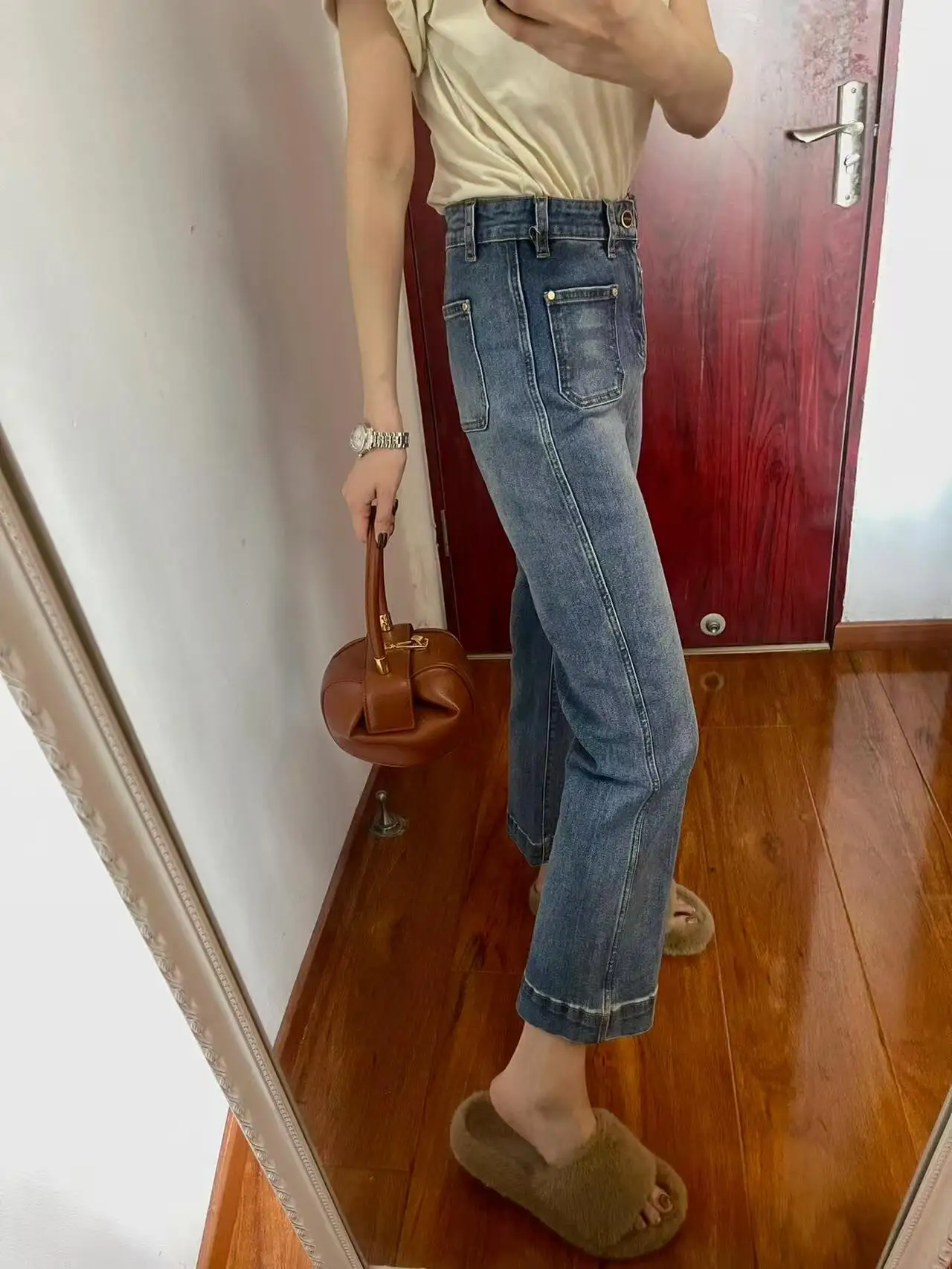 

Корейские джинсы с высокой талией, милые и простые, женские повседневные брюки-девятки свободного кроя, летние синие джинсы из денима