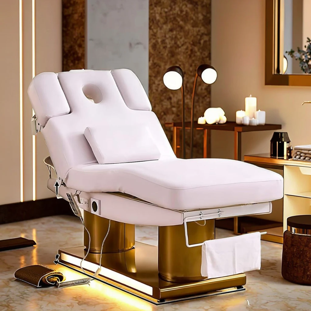 

One-Button Lifting Intelligent Heating System Gold Double Column Ambient Light Base Facial Bed Treatment Spa Massage Table