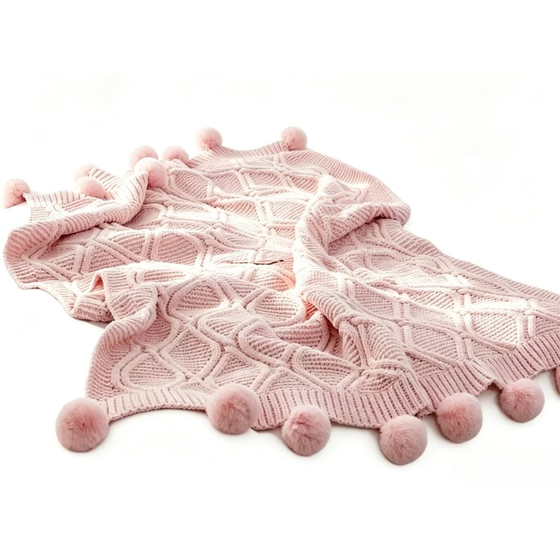 Nordic Thick Sofa Blanket, Knitted Yarn Blanket with Pom-poms, Decorative Cover for Sofa Bed End, Multi-use Shawl Cover