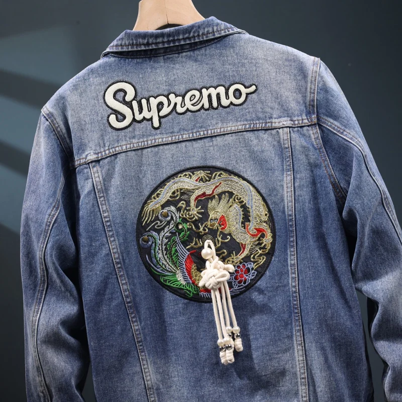 

2024 New Chinoiserie Denim Coat Men's Street Fashion Trends Embroidery Decoration High-End Washed Long-Sleeved Jacket