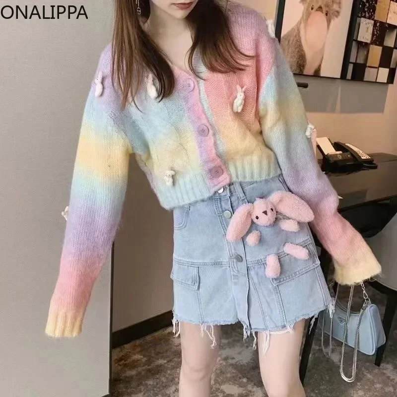 Onalippa Rainbow Color Contrast Sweet Knitted Cropped Cardigan Three Dimensional Rabbits Cardigans Slouchy Style Loose Sweater