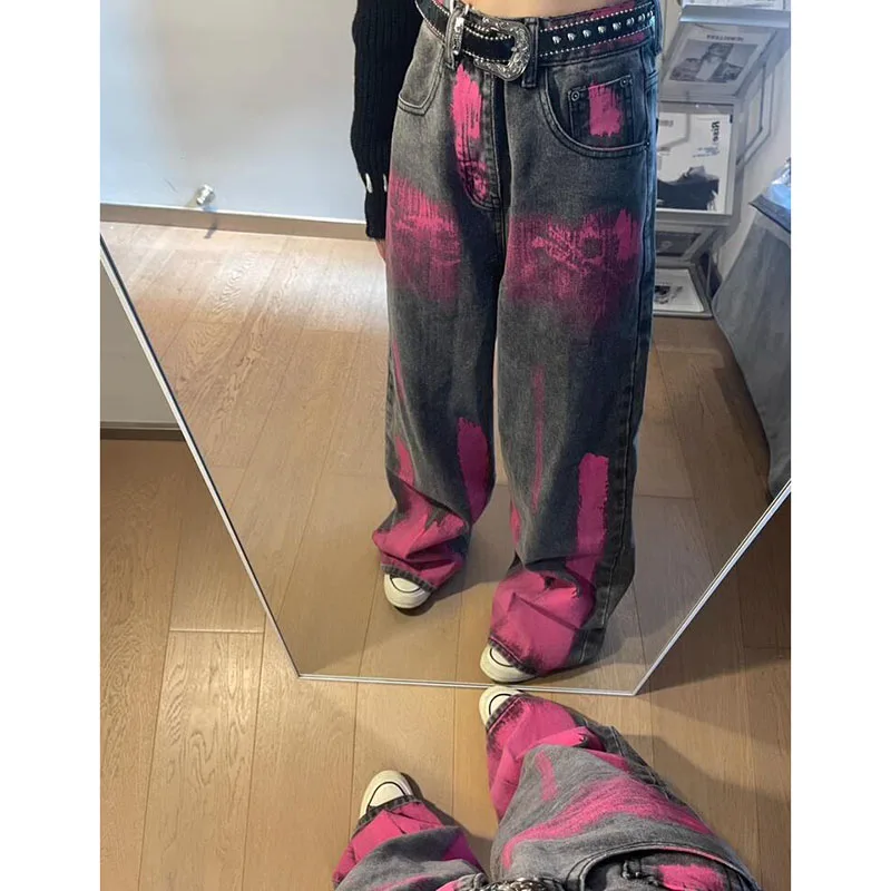 Graffiti Design Sense Amerikaanse High Street Vintage wijde pijpen jeans dames herfst en winter veelzijdige hiphopbroek dames