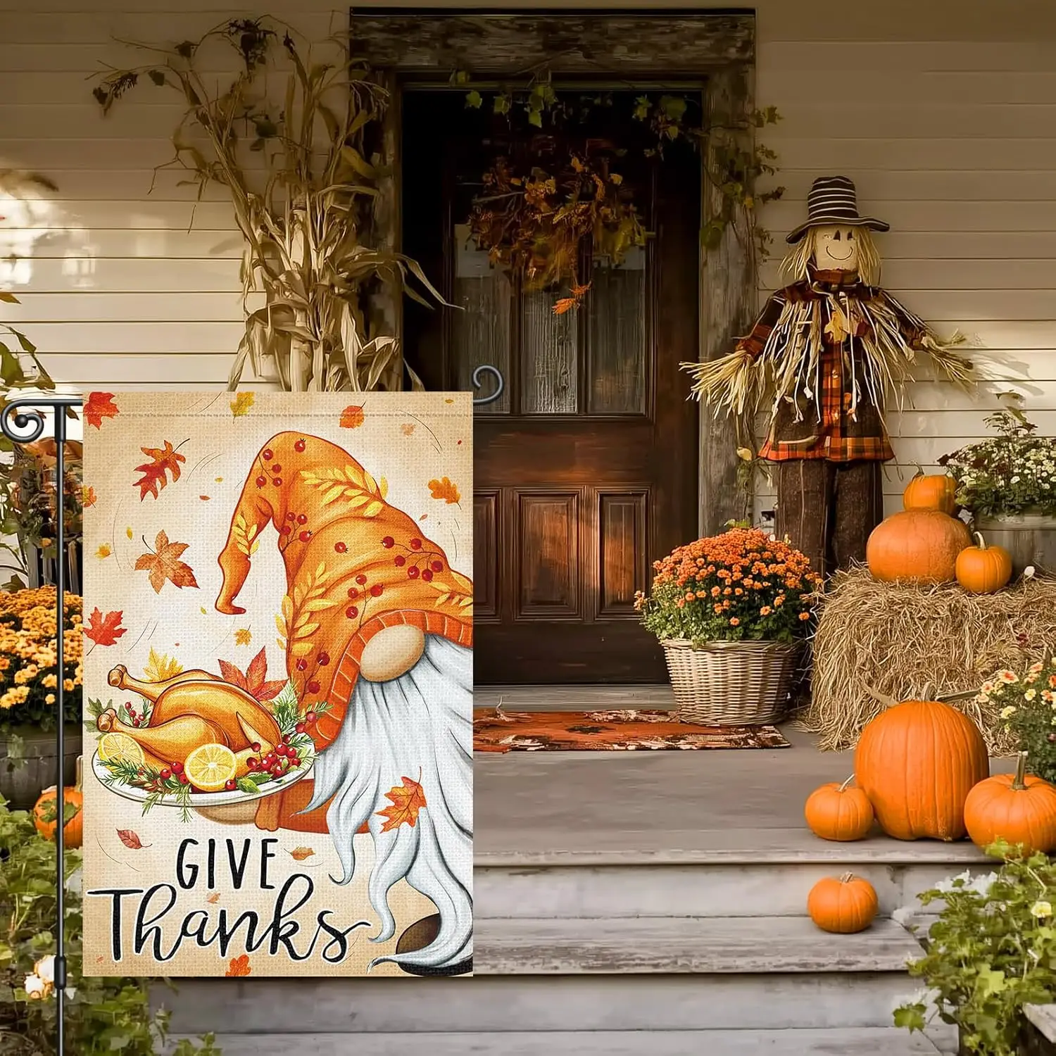 Heyfibro Thanksgiving Garden Flag 12x18 Inch Double Sided Give Thanks Gnome Flag Burlap Vertical Small Turkey Fall Garden Fl EEZ