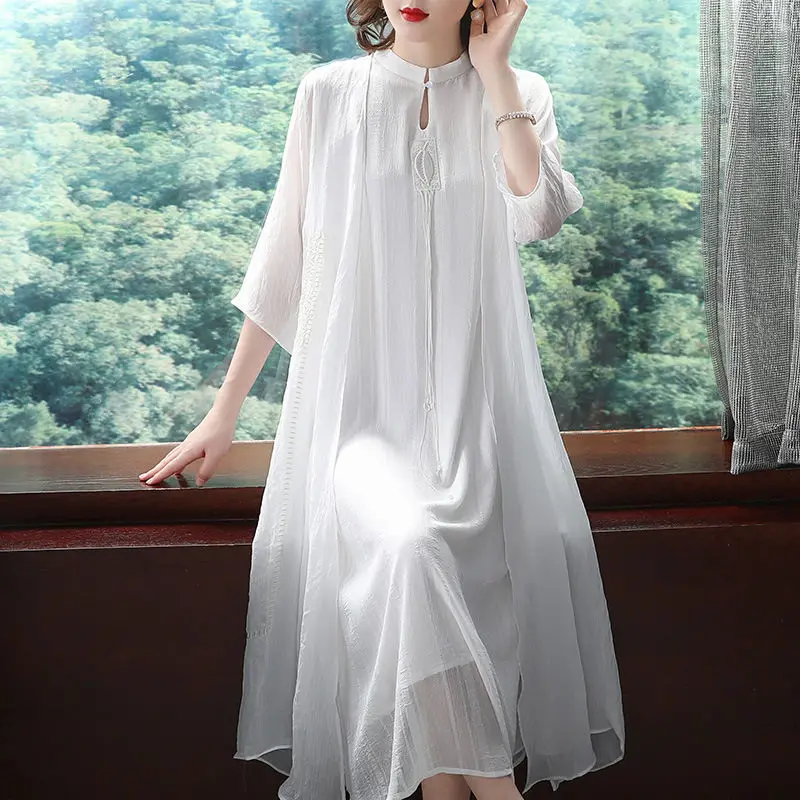 Two Piece Set for Women Retro Embroidery Chinese Style Elegant Party Dresses 3/4 Sleeve White Loose Fairy Midi Dress Robe Outfit