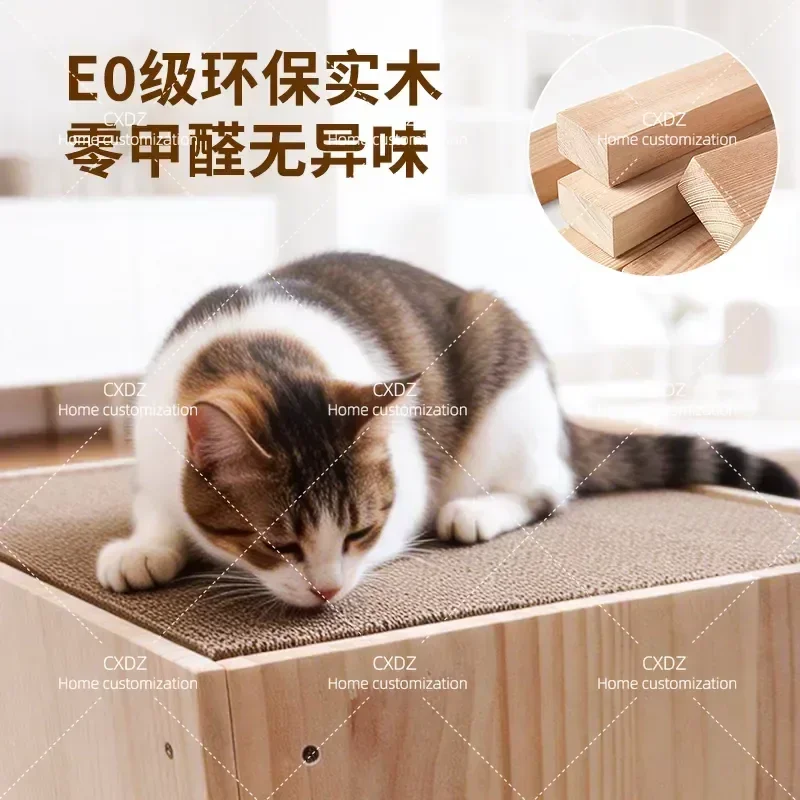 Solid Wood Cat House with Climbing Frame Integrated Storage Cabinet Semi Closed Nest for Cats and Pets Multi Functional