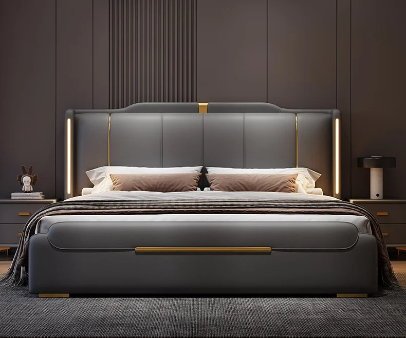 Wholesale Modern King Size Microfiber Leather Bed Luxury Bedroom Furniture Set Wooden Frame Soft Upholstered Beds Led Light