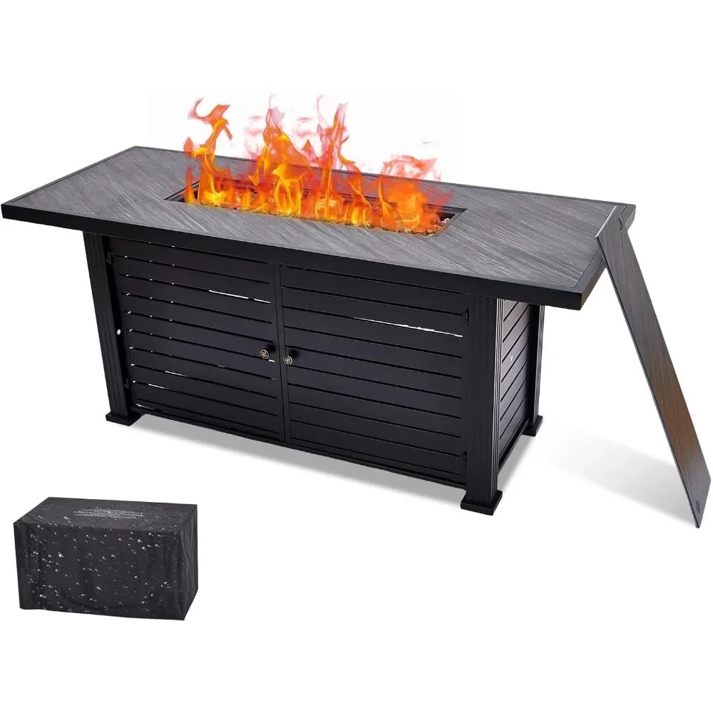 

57 Inch Propane Fire Pit Table, 50000BTU Outdoor Gas Fire Pits Rectangular with Rain Cover, Sturdy Steel and Iron Fence Surface