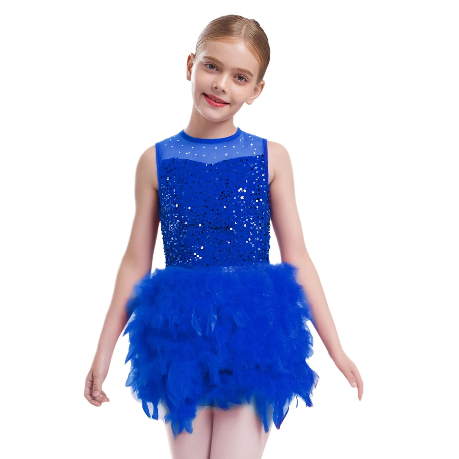 

Kids Girls Jazz Dress Shiny Sequins Feather Velvet Lyrical Gymnastics Dress Ballet Latin Stage Performance Competition Dancewear
