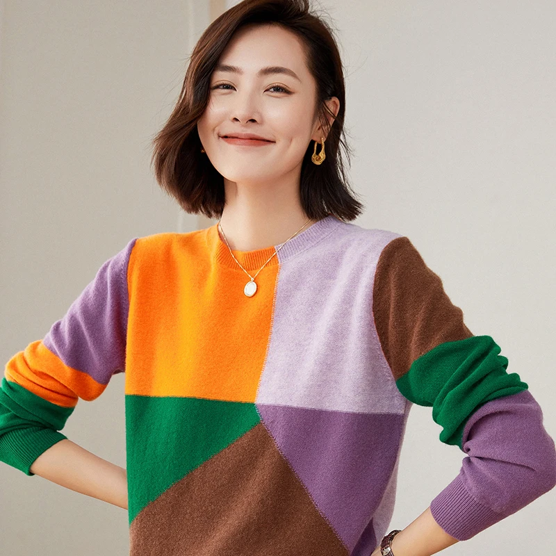 

Women's sweater Autumn and winter fashion splicing casual sweater Women's pullover long sleeve O neck 100% wool knitted top