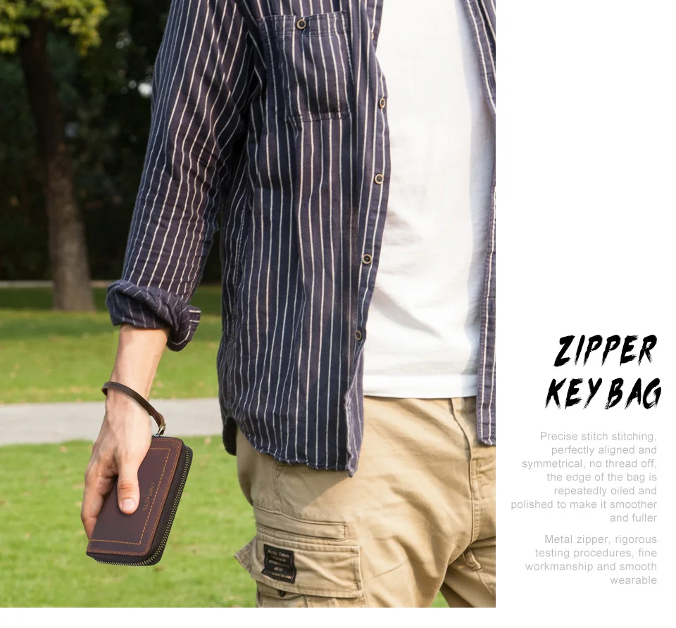 Genuine Leather Retro Color-Changing Cowhide Key Pouch with Wrist Strap Zipper RFID Anti-Theft Simple Key Card Holder