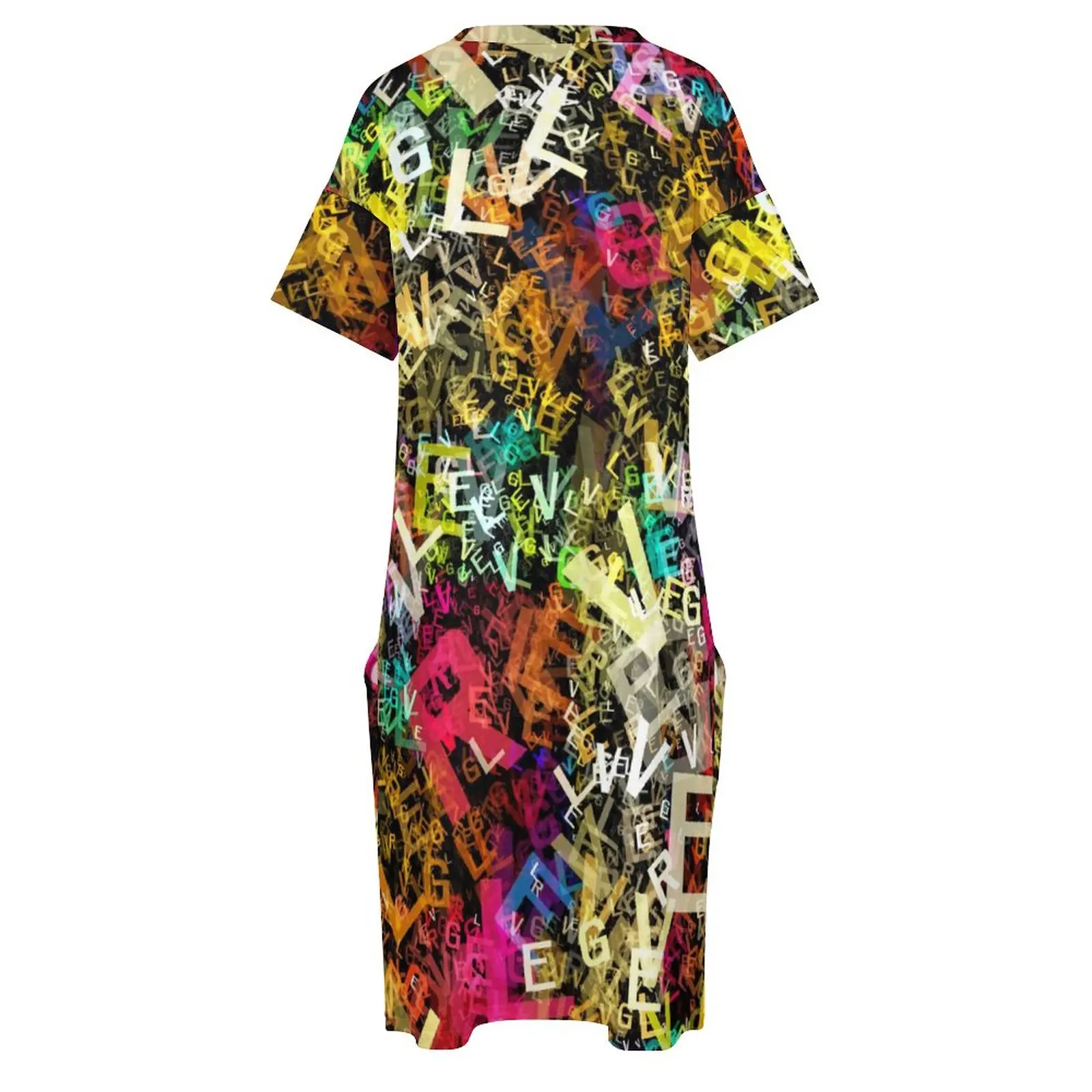 Vestido colorido com estampa de letras, decote em v, alfabeto, arte, rua, vestidos de verão, moda casual, padrão feminino, plus size