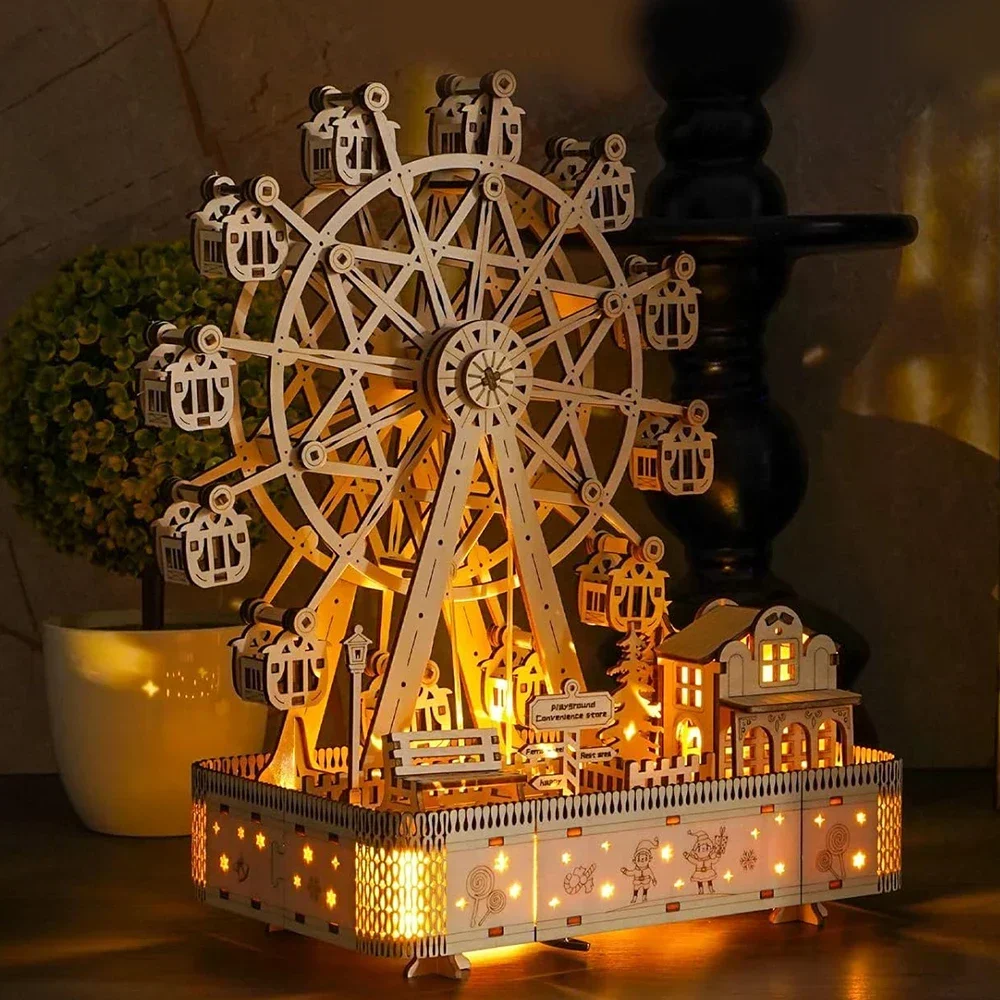 Modèle de boîte à musique grande roue avec lumière LED, puzzle 3D en bois, kit de construction d'assemblage de bricolage, décoration de la maison, artisanat, cadeau pour adultes et enfants