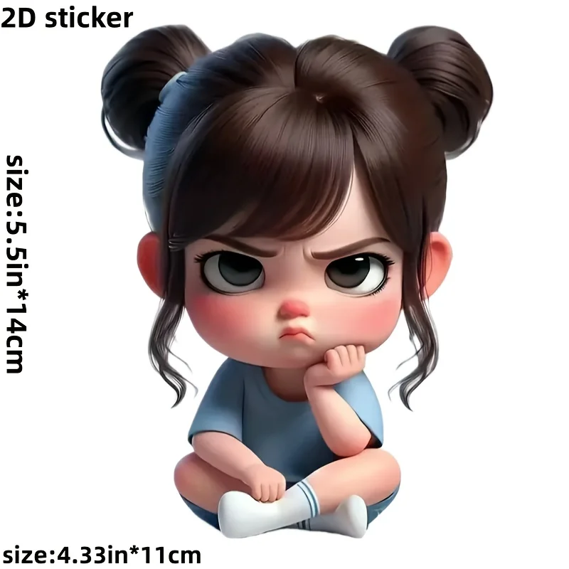 Grumpy Thinking Girl 2D Flat Vinyl Sticker, Cartoon Decal for Car Laptop Water Bottle Helmet Luggage Wall