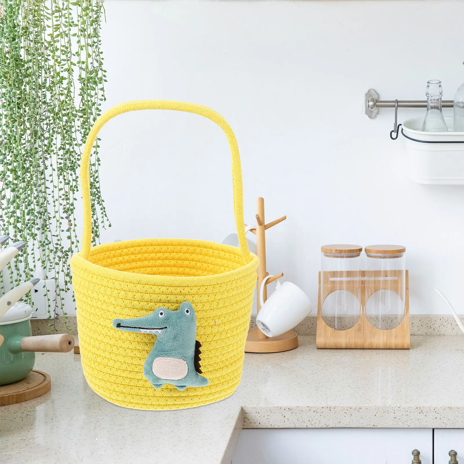 

Woven Storage Basket Portable Lightweight Organizer Hamper with Cotton Rope Home Kitchen Pantry Decoration Crocodile