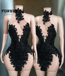 Black Birthday Outfits For Women Beading Applique Halter Short Prom Gowns Mini Cocktail Dress vestidos de gala