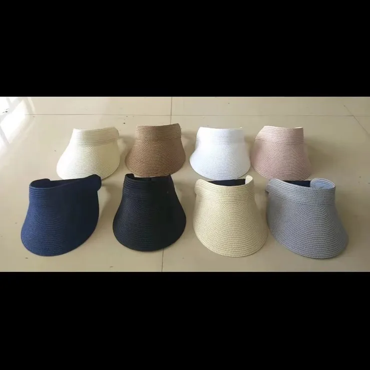 Summer Wide Brim Straw Sun Visor Hat Uv Protection Adjustable Open Top Cap For Adult Outdoor Beach Travel Multiple Solid Colors