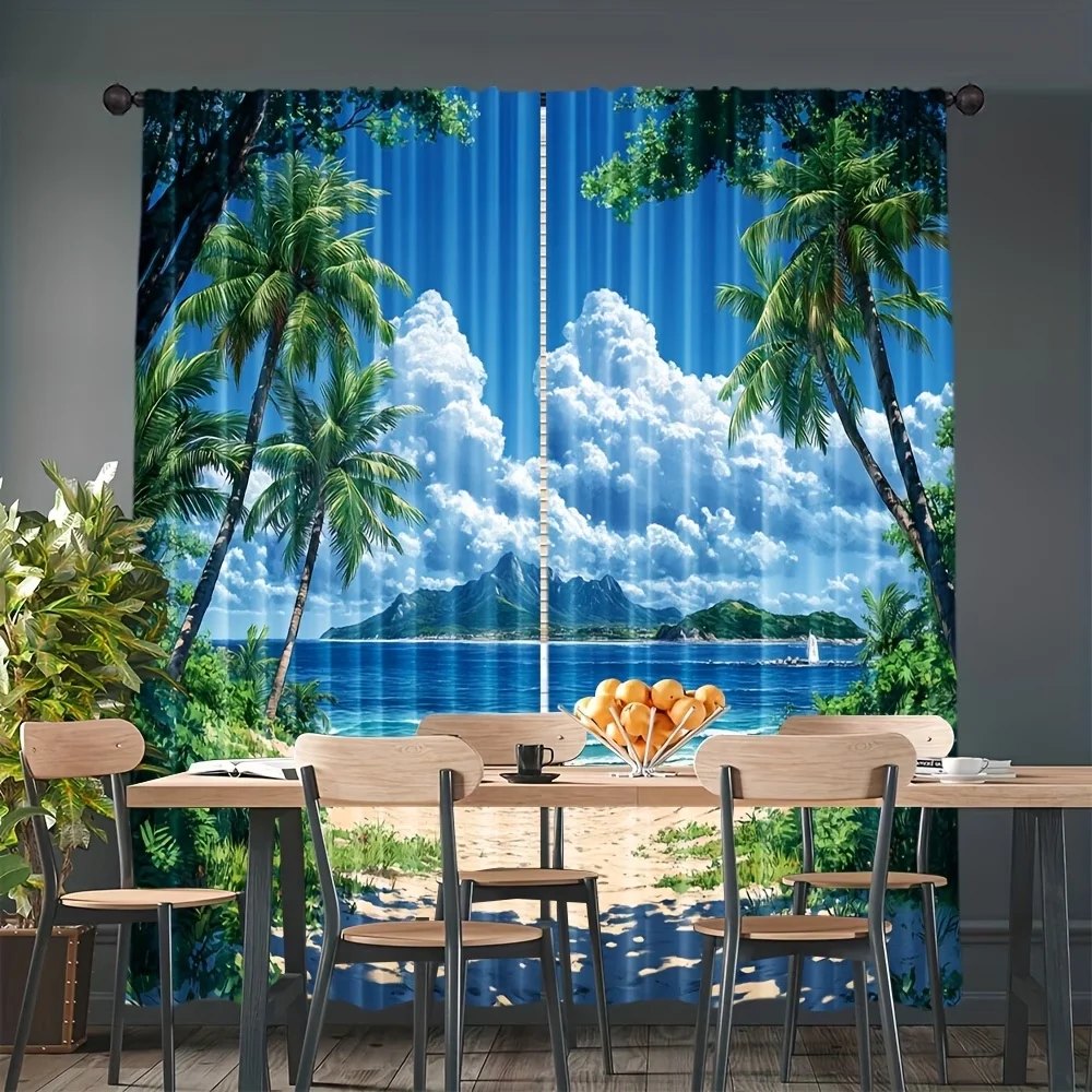 2PCS Digital Printed Curtains, Sandy Beach Palm Tree Tropical Summer, Window Treatments for Living Room Bedroom Home Decoration