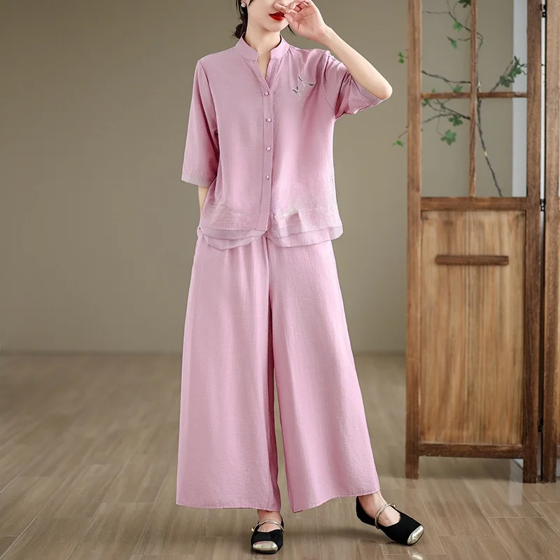 Летний повседневный свободный комплект для мамы, комплект из двух предметов, розовые широкие брюки f Sve, V-Ne, на пуговицах, из смеси хлопка, женские...