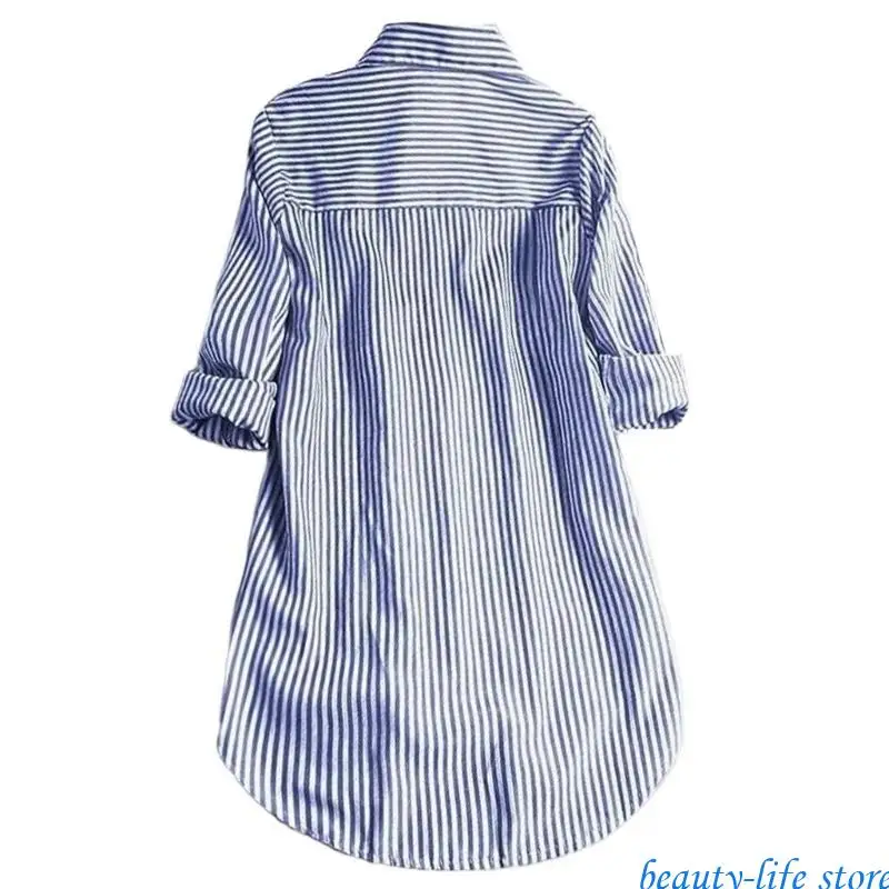 

Womens Lapel Collar Button Up Oversized Shirt Long Sleeve Striped Blouses Top 517D