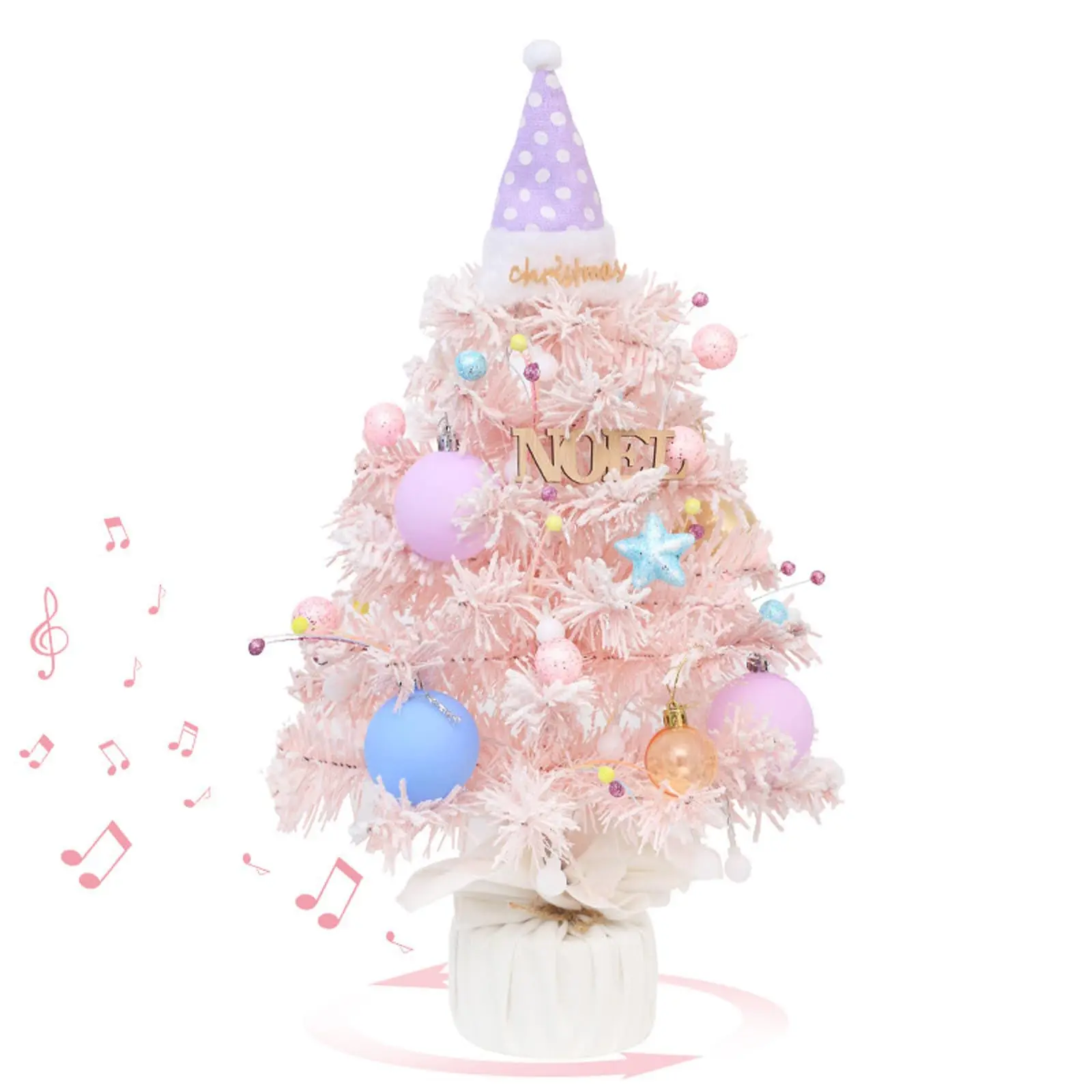 

Christmas Tree Music Box Gift Macaron Colorful Artificial Xmastree Musical Spinning Tabletop Mini Tree with Christmas Hat & Ball