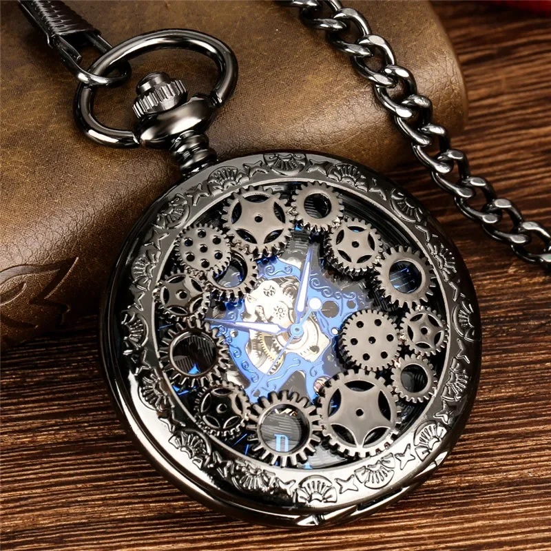 Antique Pocket Watch Black Hollow Gear Cover Hand Winding Mechanical Clock Pendant Chain Luminous Hands Antique Timepiece