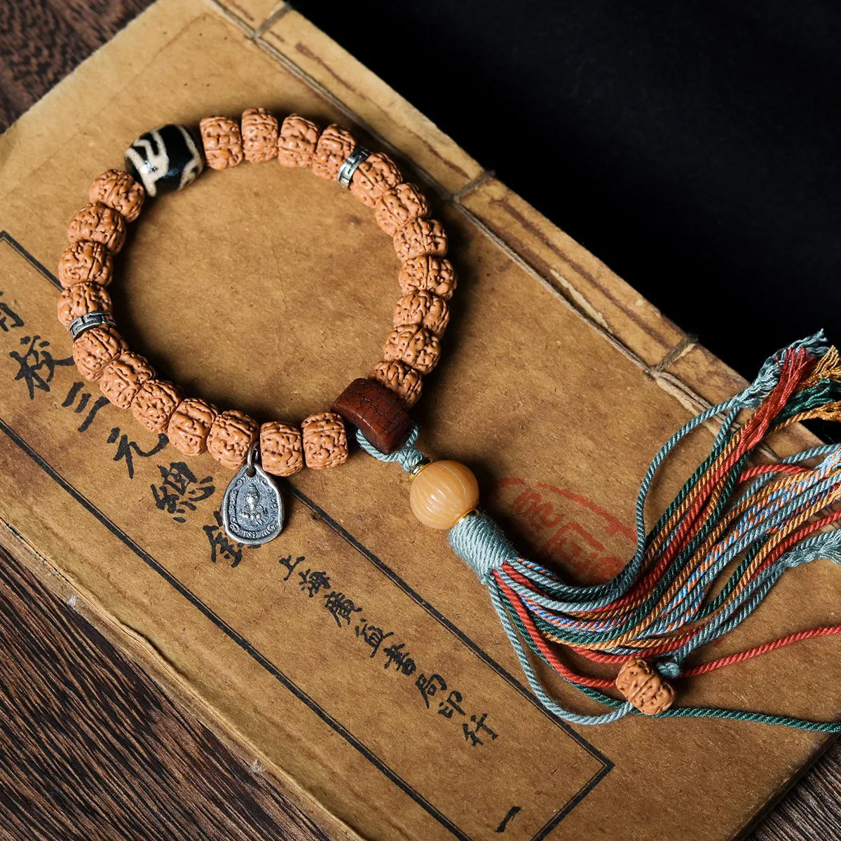Chinese Lucky 10mm Rudraksha Beaded Bracelet Tibetan Dzi Agate Tassel Blessing Good Luck Wealth Feng Shui Bangle For Men Women