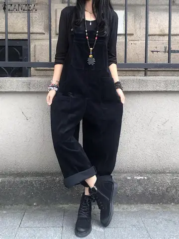 ZANZEA otoño mono de pana pantalones mujeres monos 2025 Vintage pantalones de pierna ancha sueltos monos sólidos Casual tirantes calle