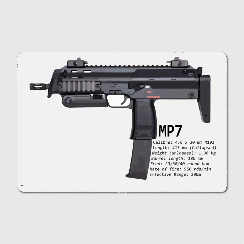 MP7 PDW Sub Machine Gun Metal Plaque Garage Club Wall Plaque Club Home Funny Tin Sign Poster