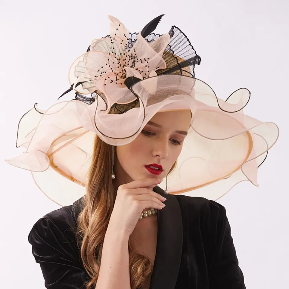 

Women Elegant Hats Wide Brim Organza Fedoras Wedding Derby Tea Party Fascinator Hat Summer Floral hats Ladies Beach Cap