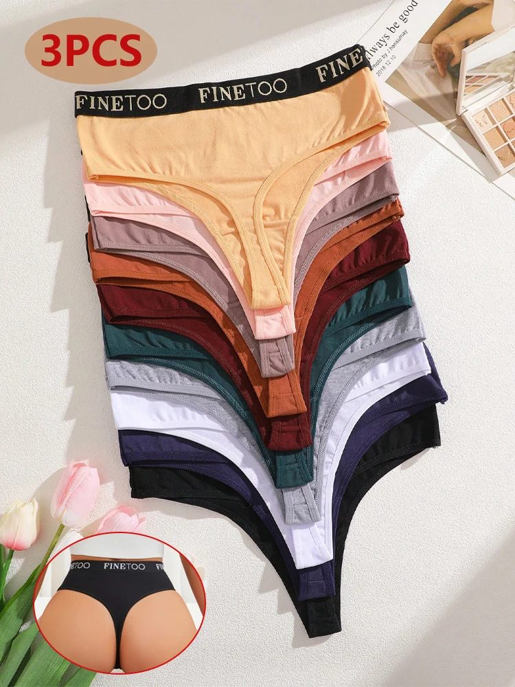 3Pcs Cotton High-Waist Thongs Underwear Women's Breathable Elastic Belt Panties Sexy Plus Size Comfortable T-Back Lingerie S-XXL