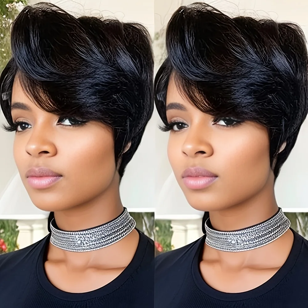 

13x1 Т-образный кружевной черный цвет для женщин, парик для повседневного использования на вечеринке, парик с стрижкой пикси, короткий вьющийся многослойный парик из человеческих волос