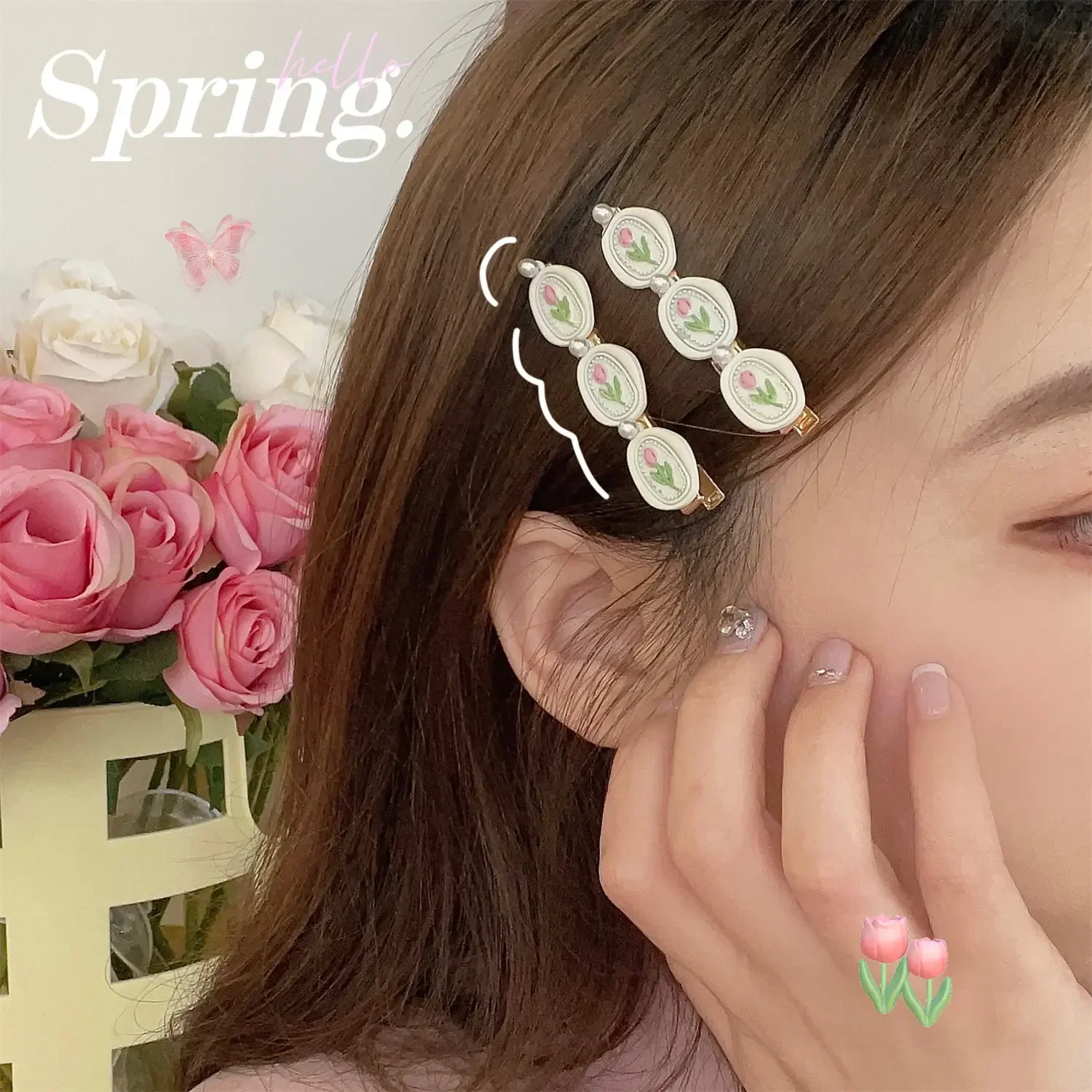 女性と女の子のための韓国スタイルのチューリップパールヘアクリップ,かわいいヘアピン,サイドフリンジ,メイクアップヘッドドレス,妖精のヘッドドレス,個性