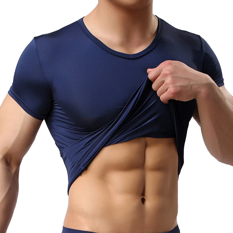 New Men's Sexy Ice Silk T Shirts Solid Color Male V-neck Short Sleeves t shirt Tops Plus Size S-XXL