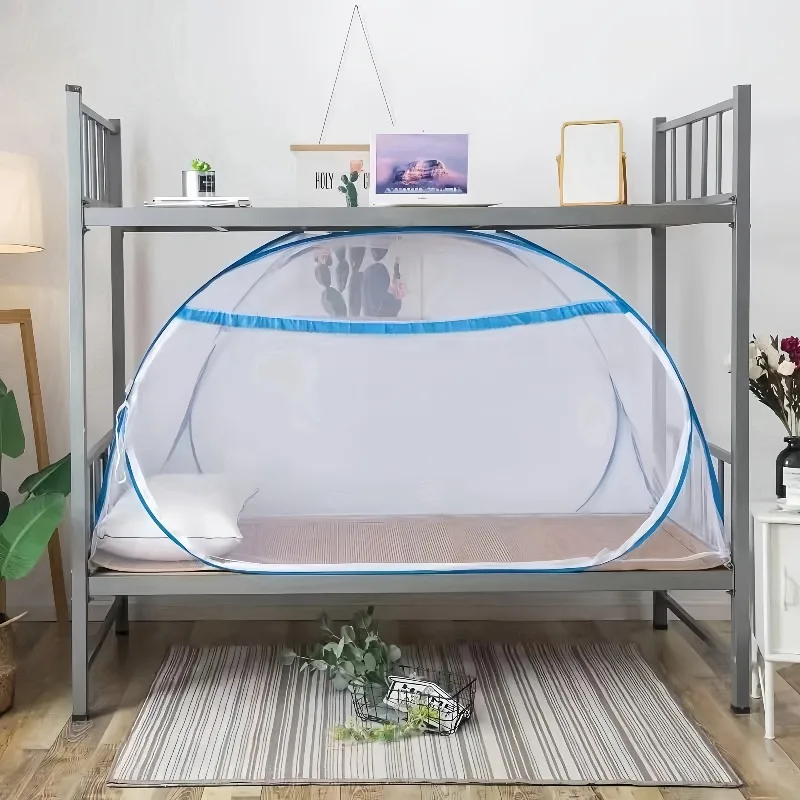 Easy-Install 3-Second Pop-Up Mongolian Yurt Mosquito Net, Full Edge Coverage, Blue, Linen/Polyester Blend, for 2m*1.8m Bed