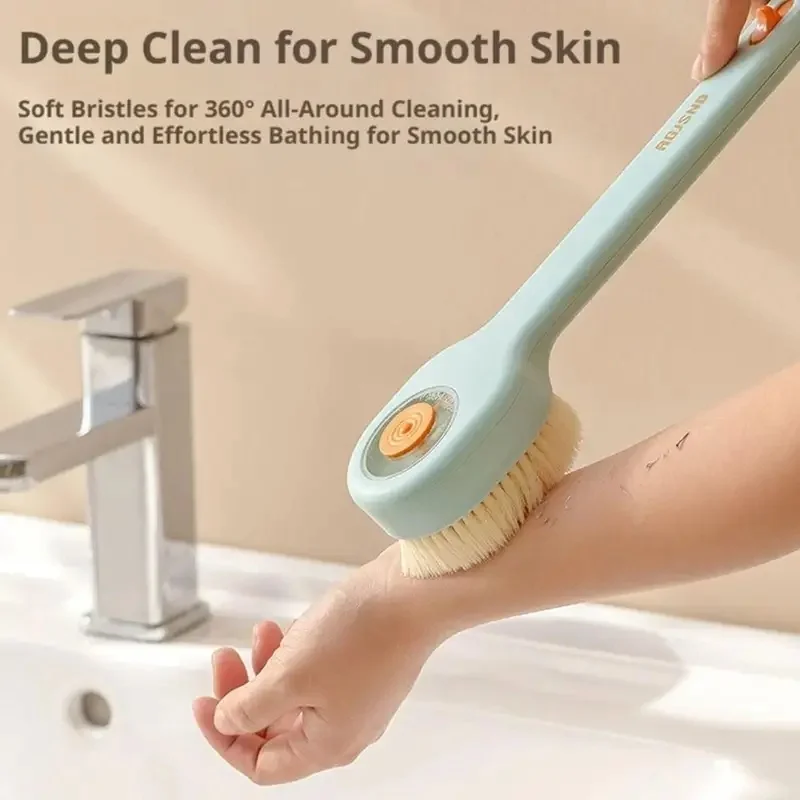 Push Pull Liquid Dispensing Back Bath Brush Long Handle Soft Bristle Body Brush for Deep Skin Cleansing & Dead Skin Removal