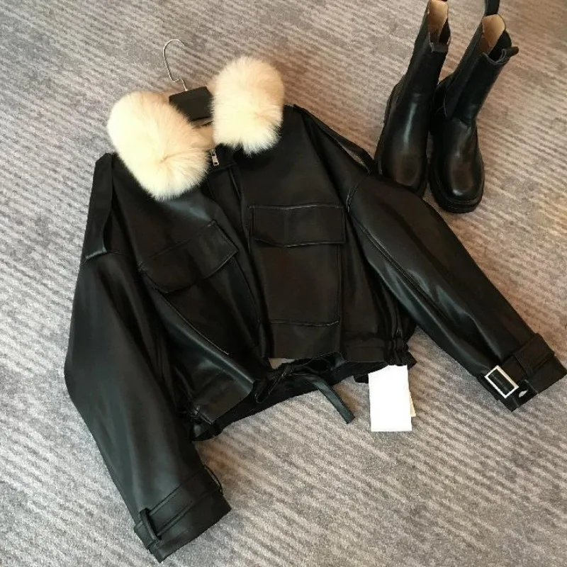 Winter New Thickened Warm PU Leather Coat Women Short Detachable Faux Fox Fur Collar Outcoat Stylish Large Size Leather Jacket