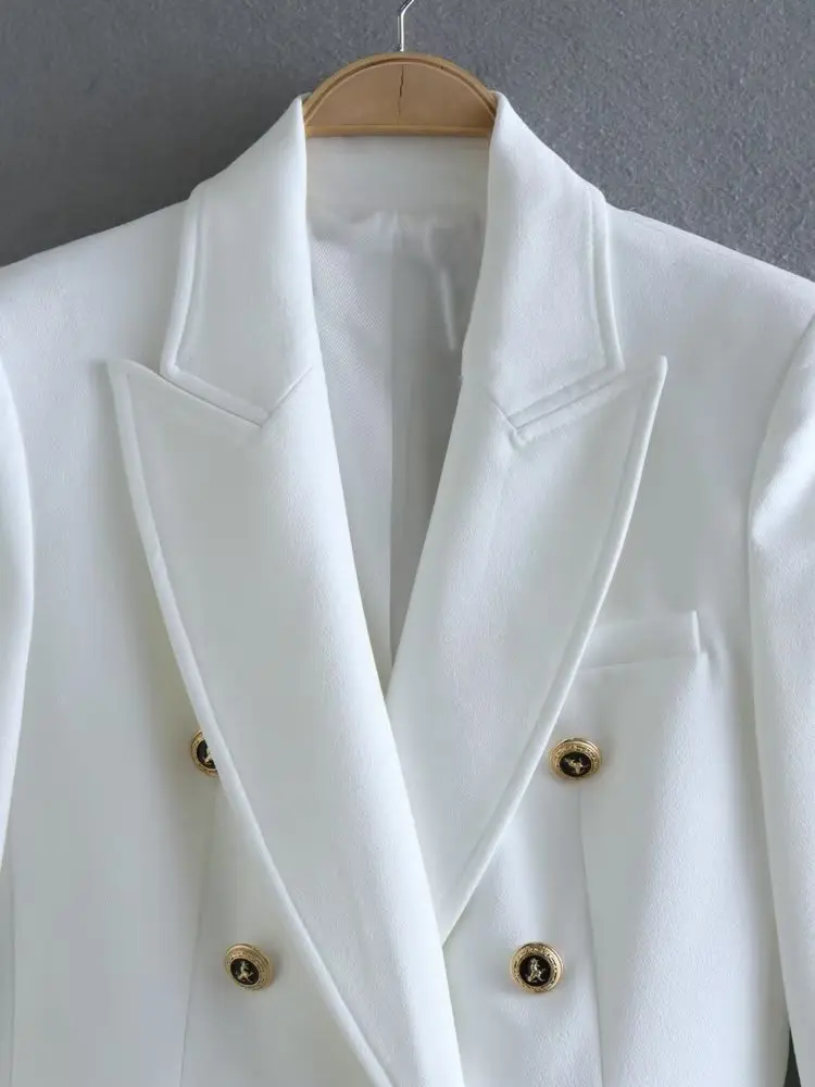 TRAF-Blazer Long Blanc à Manches sulfpour Femme, Veste Croisée, Tenue de Bureau, Streetwear