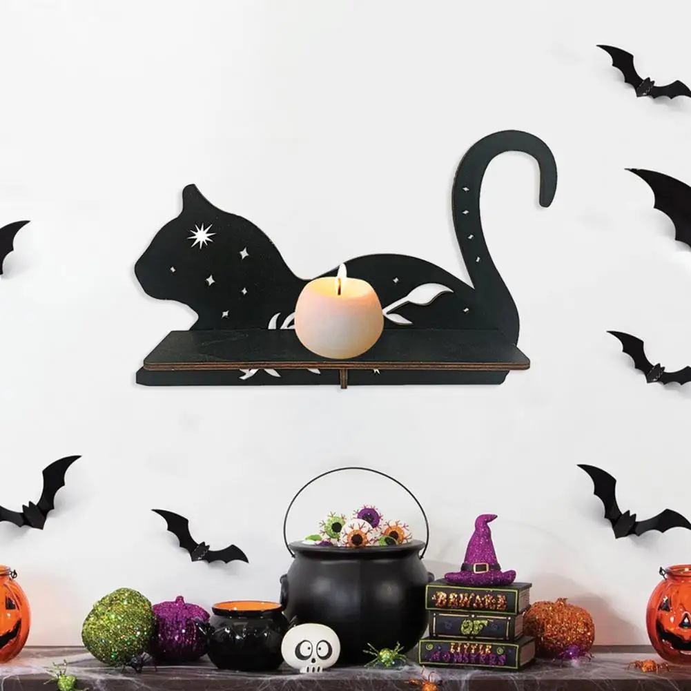 Unique Hanging Wall Shelf Halloween Wooden Wall Shelf with Black Cat Bat Cutouts Bohemian Wind Wall for Home for Halloween