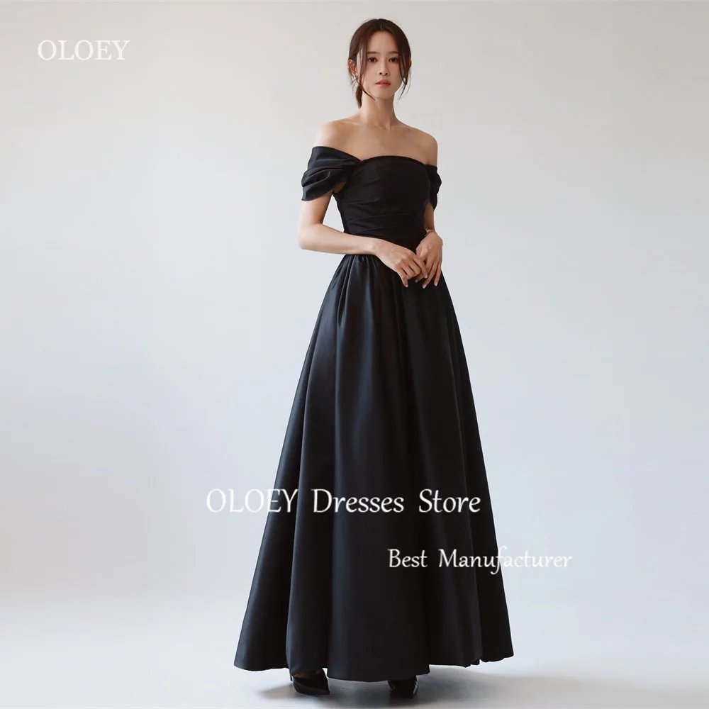 OLOEY Simple Black A Line Evening Dresses Korea Wedding Photoshoot Off Shoulder Sleeves Ankle Length Formal Evening Gowns