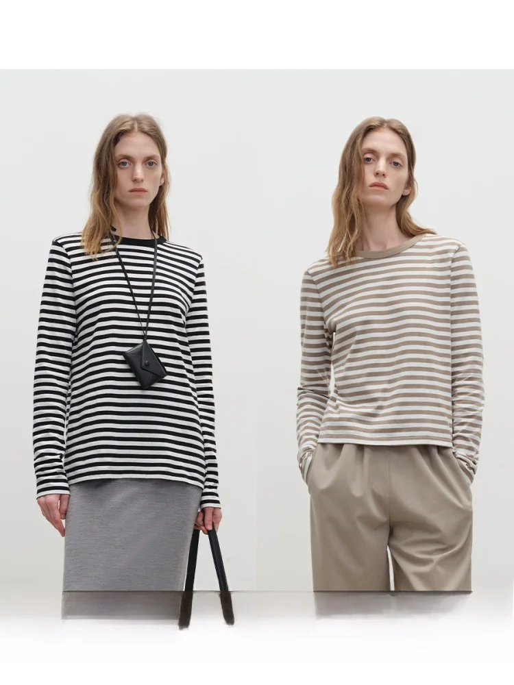 

MSBEAST Cloud Soft Classic French Sle Airy T-irt Women's Long ort Cotton Knitted Stripe Pattern Loose Fit round Ne