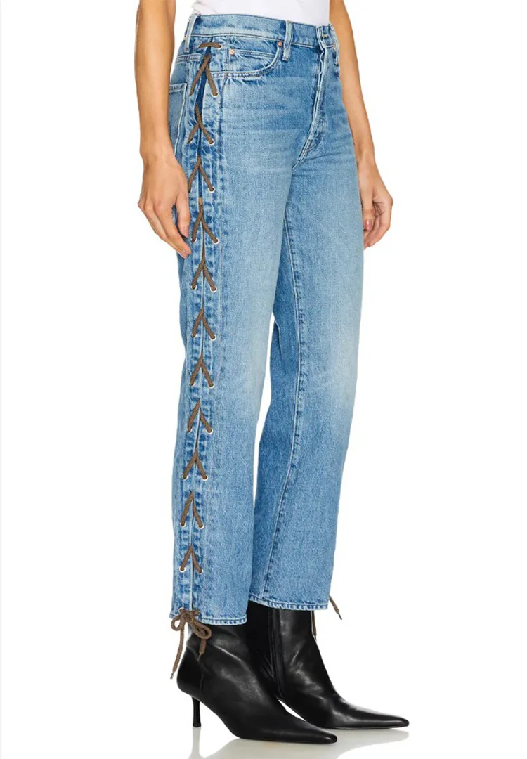 Modieuze, lichtblauwe, casual damesjeans met veters en lage stretch, slim-fit negenpunts rechte jeans