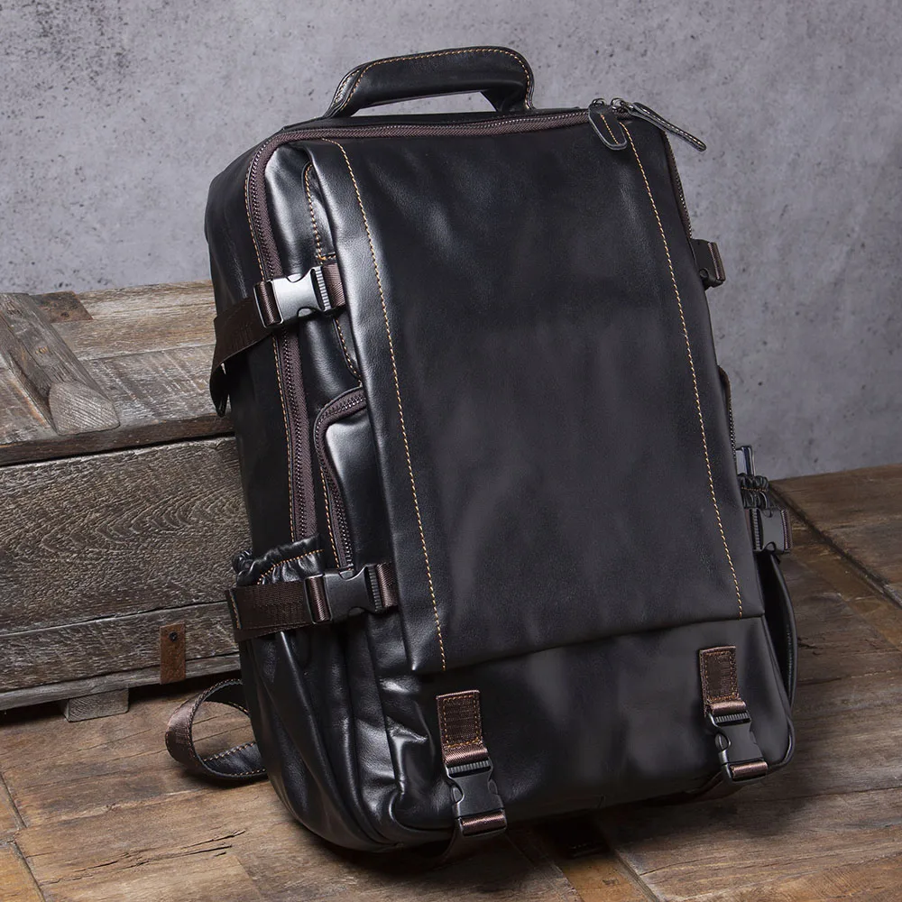 S.WORKER Lässiger Herrenrucksack aus echtem Leder, große Kapazität, 15" Laptop-Reisetasche, Schulrucksack aus Rindsleder, modische Wochenendtasche – Detail 11