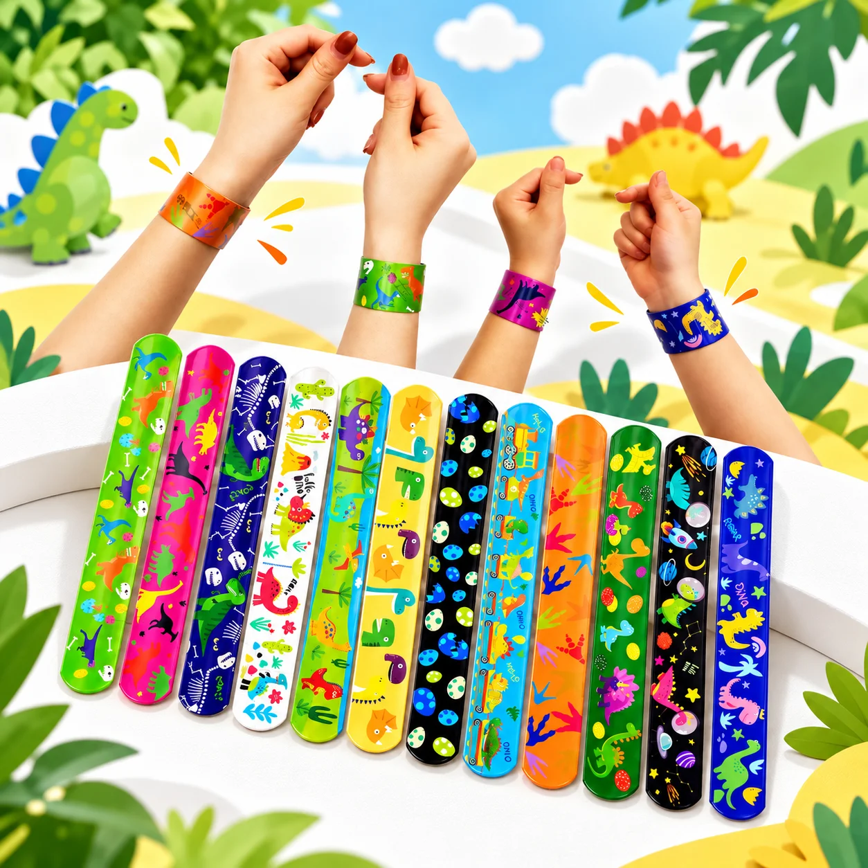 Colorful Dinosaur Slap Bracelets, Cartoon Animal Pattern Snap Wristbands, Flexible Wrap Around Bracelet for Parties and Gifts