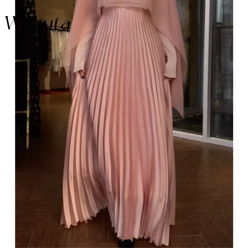 Wakuta Elegant Round Neck Long Sleeved Shawl Satin Dress Temperament Party Club Pleated Evening Vestidos De Fiesta Two-piece Set