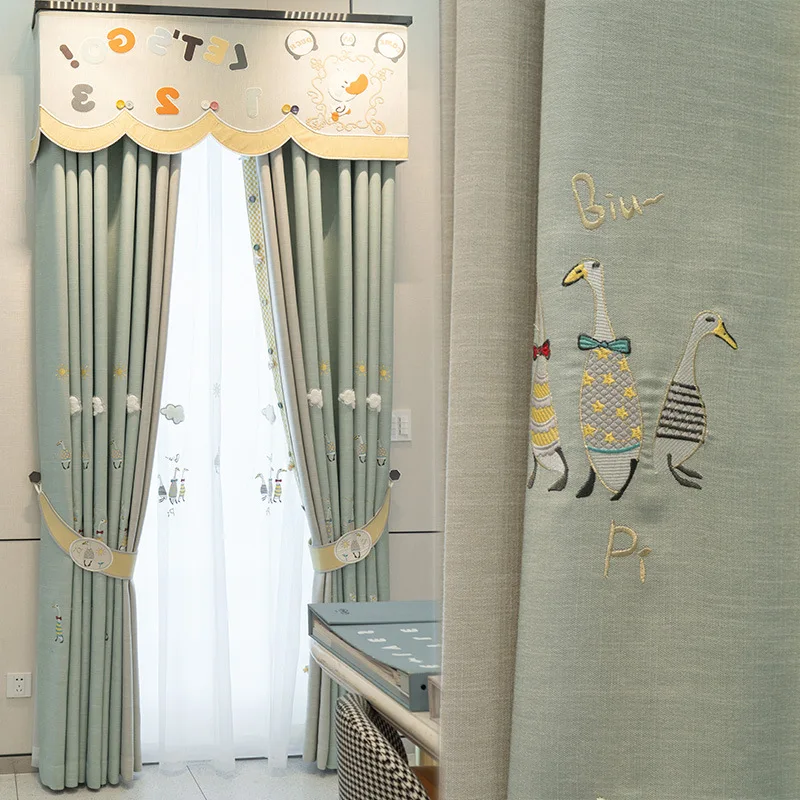 Curtains for Children\'s Room Customized New Modern Cartoon Pattern Cute Goose Thick Linen Blackout