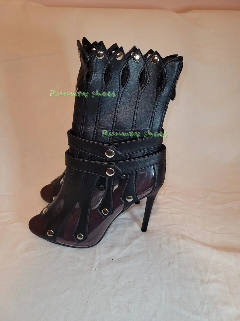Women's Cutout Gladiator Medium Tube High Heels Sandals Rivet Buckle Stilettosparty Ankle Boots Black Shape Combination Decorate