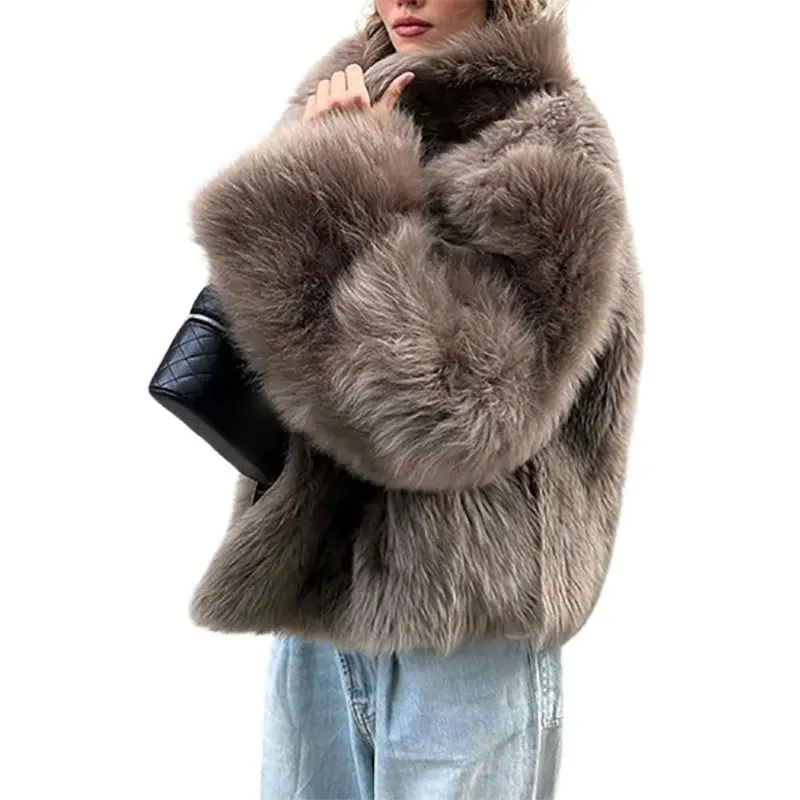 Brown Faux Fur Coat Women Winter Jacket Solid Color Long Sleeve Streetwear Jackets for Women