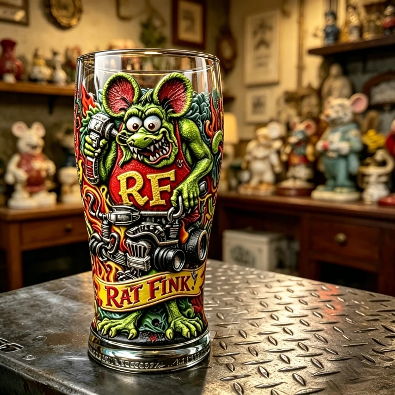 Vintage Rat Fink Beer Mug Embossed Glassware for Hot Rod Fans & Men Cave