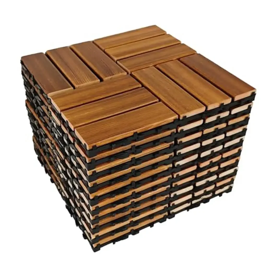 Interlocking Wood Deck Tiles Outdoor 12x12 Pack of 10 Acacia Hardwood Patio Flooring Non-slip Weatherproof Drainage Design