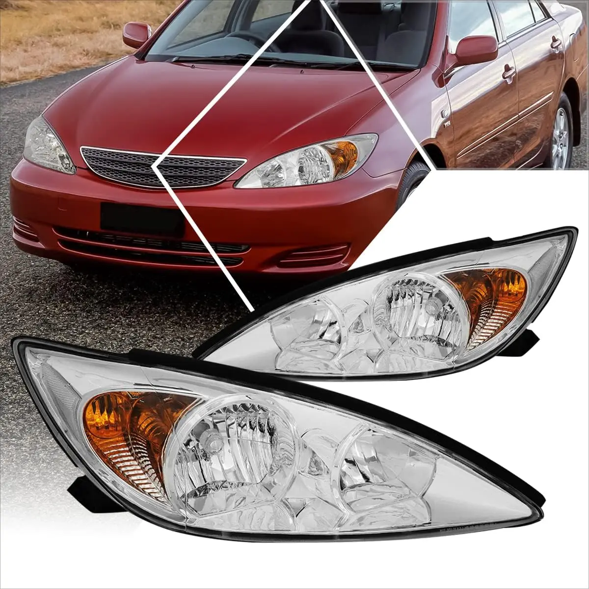 

Headlights Assembly Compatible with 2002 2003 2004 Toyota Camry XV30, Pair of Headlamps with Chrome Housing Clear Corner